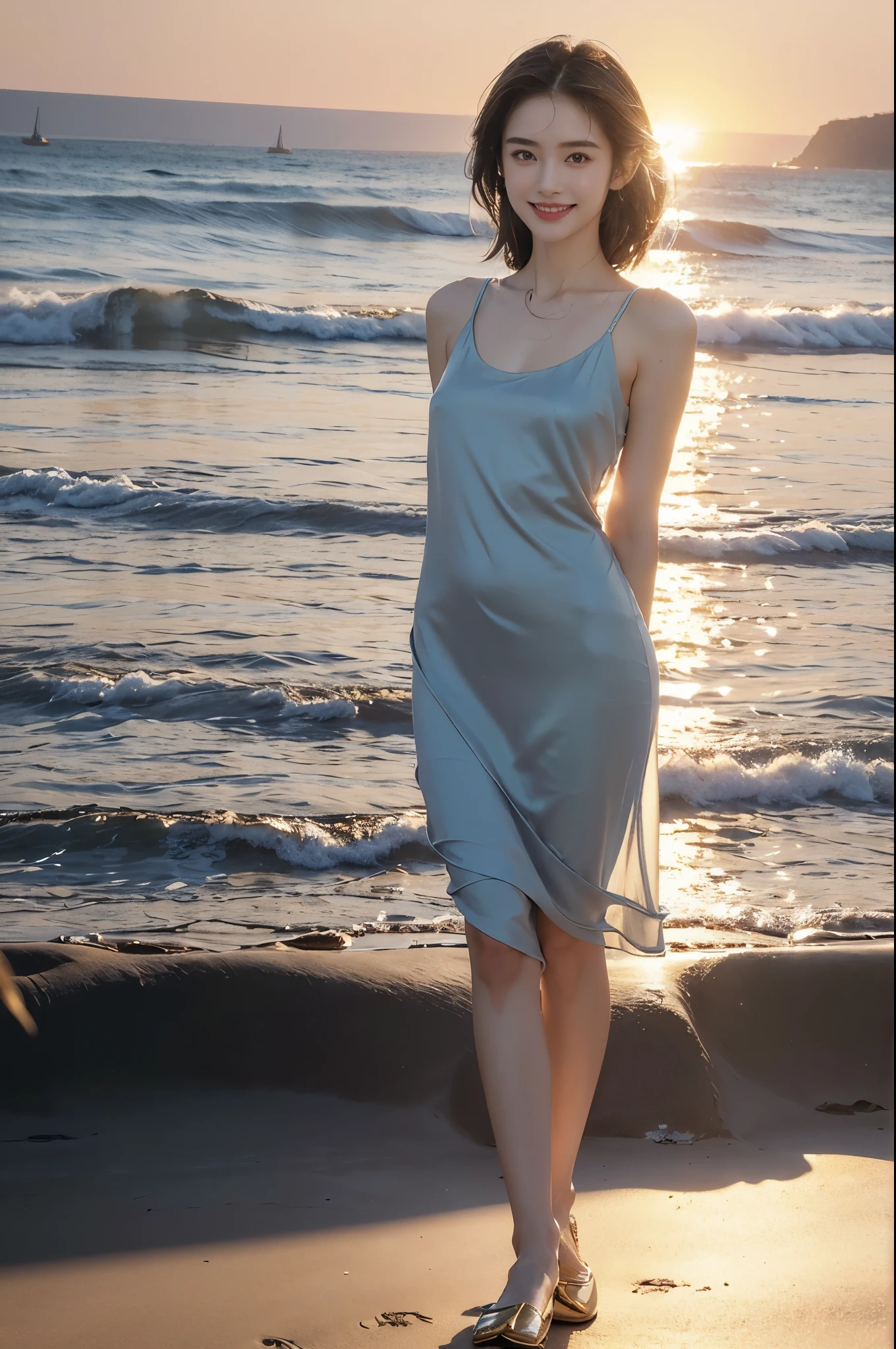 (((best quality))), (((ultra detailed))), (((masterpiece))), illustration,((1 beautiful young girl,solo)),(shoulder-length straight bob:0.8),((sweat,wet)),(shiny skin:1.5),((slim,thin)),((small breasts,flat chest)),(standing:1.3),(arms behind back:1.5),(on golden sandy beach:1.3),(by the sea:1.3),(sunset sunlight:1.3),stunning, (golden sparkling dress:1.3),(slender legs:1.2),(loafers:1.2),(fair smooth skin:1.3), (detailed eyes:1.2),(smile:1.3),delicate fabric,ethereal, adorn, azure waves,shore,foam, stillness, (evening:1.3),((from front,full body))