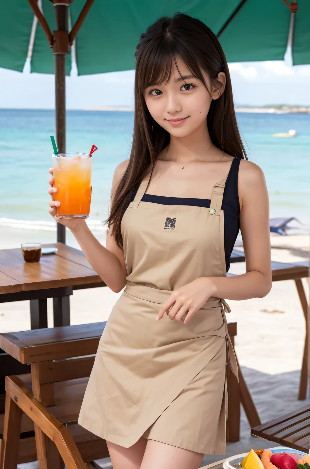 21 years old girl (Japanese cute face) is wearing apron, mini skirt and has fluits drink at the beach bar