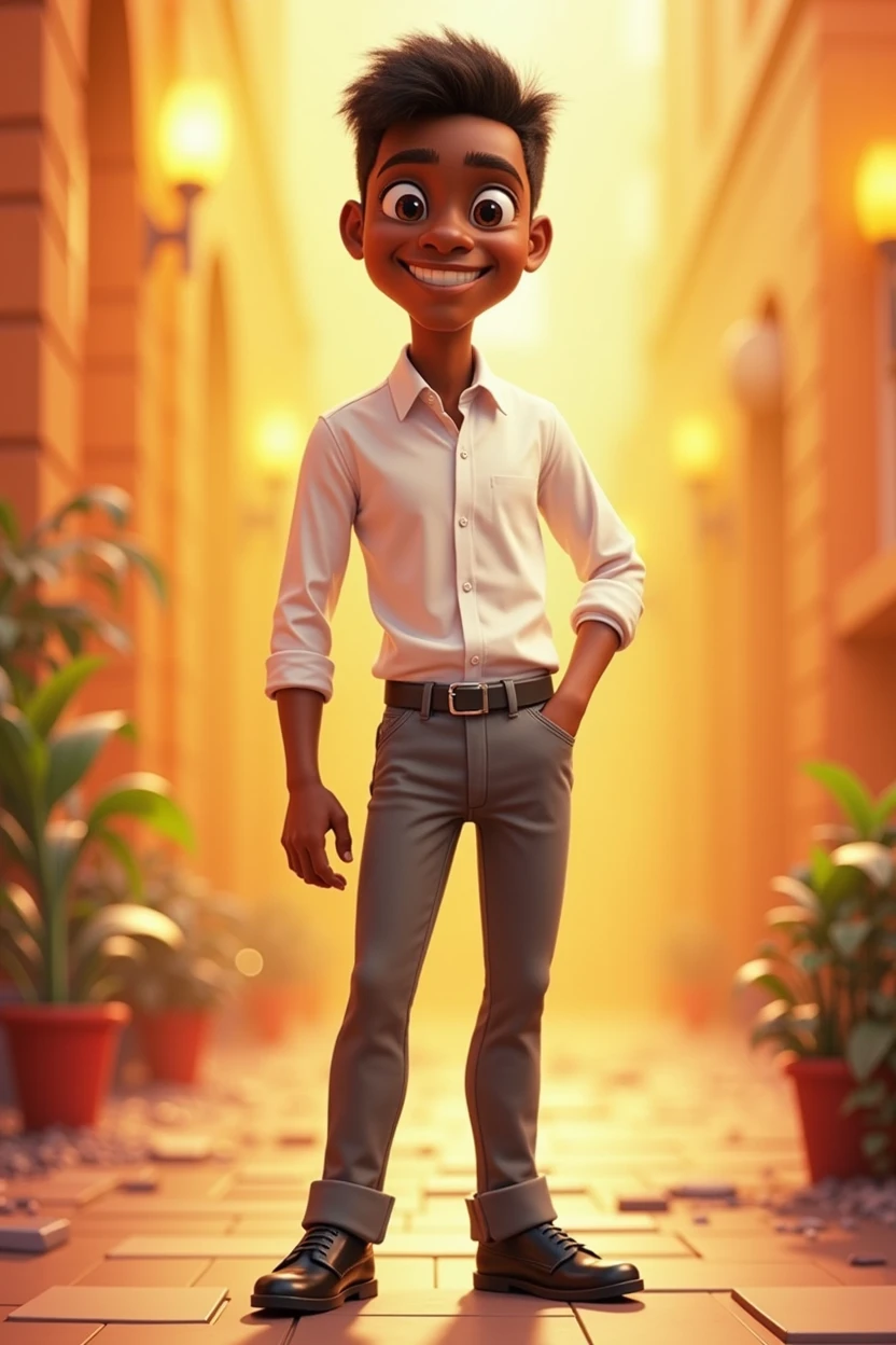 A Disney pixar black guy, wearing white long sleeve shirt, grey trouser, black shoe