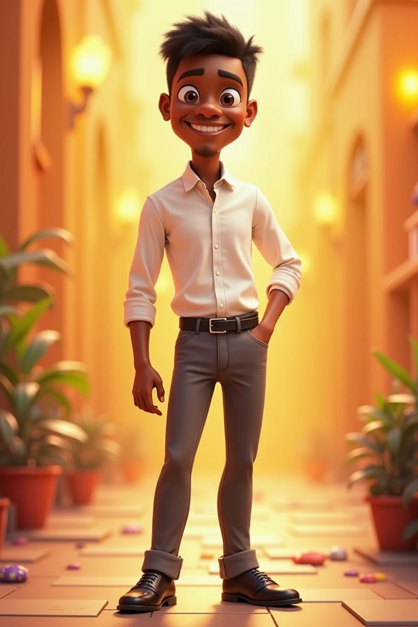 A Disney pixar black guy, wearing white long sleeve shirt, grey trouser, black shoe