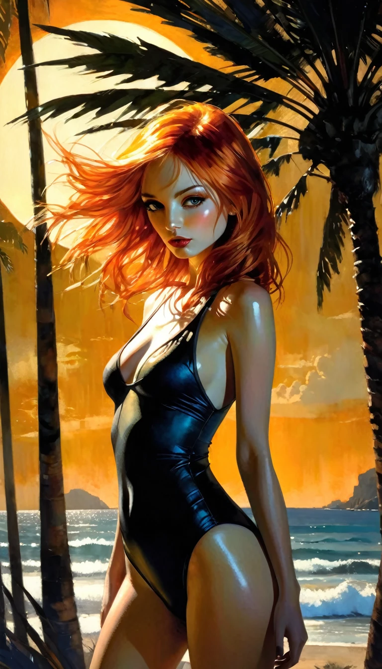 a beautiful girl with long flowing orange hair, wearing a revealing swimsuit, standing on a tropical beach with the sun shining, (best quality,4k,8k,highres,masterpiece:1.2),ultra-detailed,(realistic,photorealistic,photo-realistic:1.37),extremely detailed face and body, flawless skin, seductive pose, beach scenery, palm trees, ocean waves, warm sunny atmosphere, vibrant colors, , between shadows, oil painting, chiaroscuro, sensual, dramatic lighting, moody atmosphere, photorealistic, intricate details, masterpiece, ultra-detailed, high quality, 8k, best quality, realistic, cinematic, dark and brooding, expressionistic, powerful composition, emotional impact, Bill Sienkiewicz inspired art