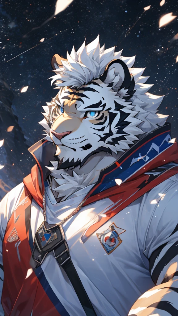 8K resolution, hairy, White Tiger, Perfect anatomical structure, Anthropomorphic tiger, White hair, Blue Eyes, Grey pick dye, Light Particles, masterpiece, best quality, The Peak, Biye, White hair, short hair, White sweatshirt