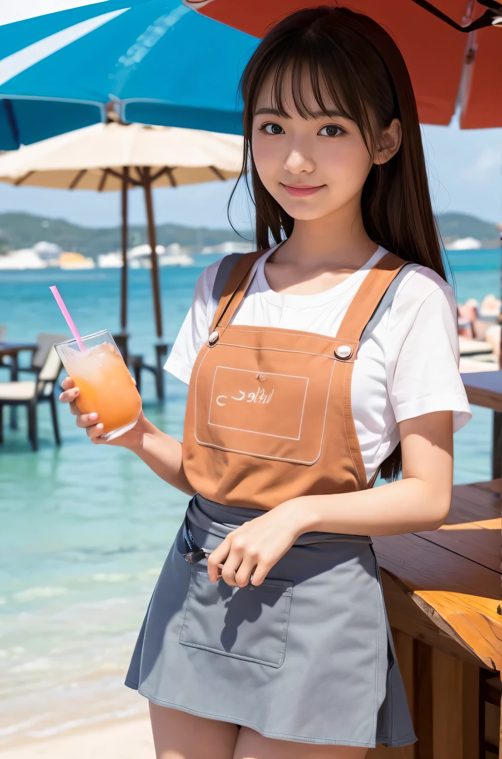 21 years old girl (Japanese cute face) is wearing apron, mini skirt and has fluits drink at the beach bar