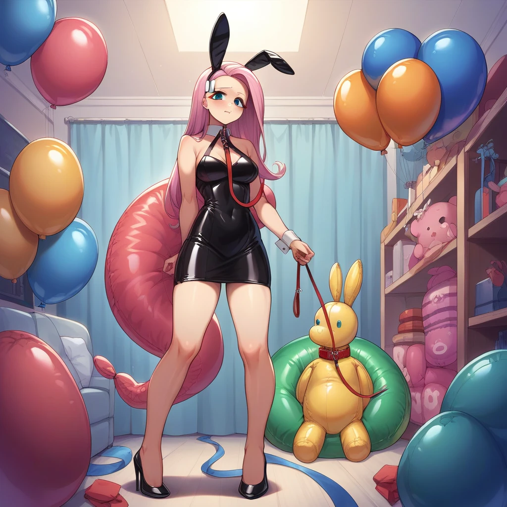 BDSM, colorful balloons, balloon fetish, inflatables, looner, femdom mistress mlpfluttershy in black latex dress and high heels walking on a leash her inflatable latex slave with inflatable collar and balloons suit, feet worship, medium naked thighs, medium breasts, hair ornament, fake bunny ears, perfect feet, balloons everywhere, huge inflatable toys around, inside inflatable room, inflatable balloon bondage, pear type of body shape, perfect face