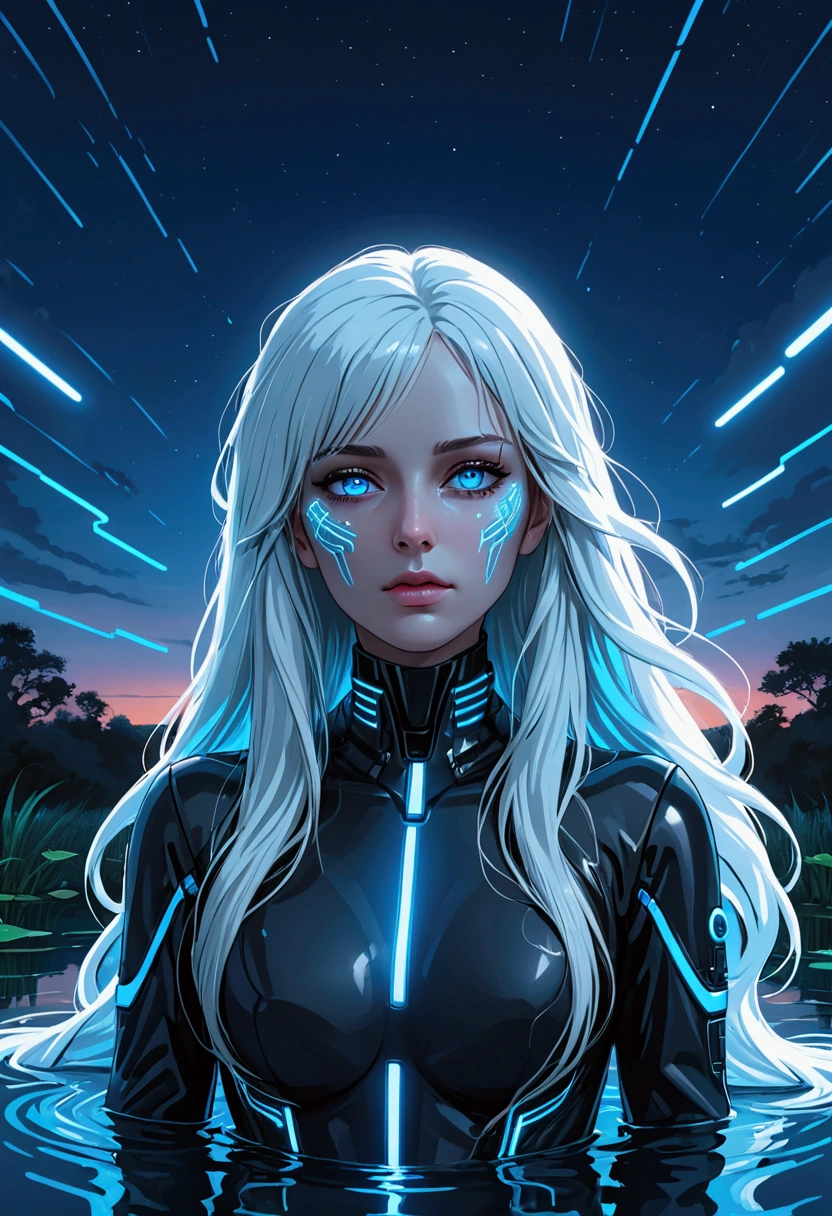 ((best quality)), ((masterpiece)), (detailed), perfect face, a beautiful woman with white long hair and a sky blue reflection, she has a tufted fringe, she has sky blue eyes, she has total black cyber suit clothes with some neon sky blue lights on it, cyber line on her face, she is suffering and dying in a pond with sky blue lights in the night. Total body.