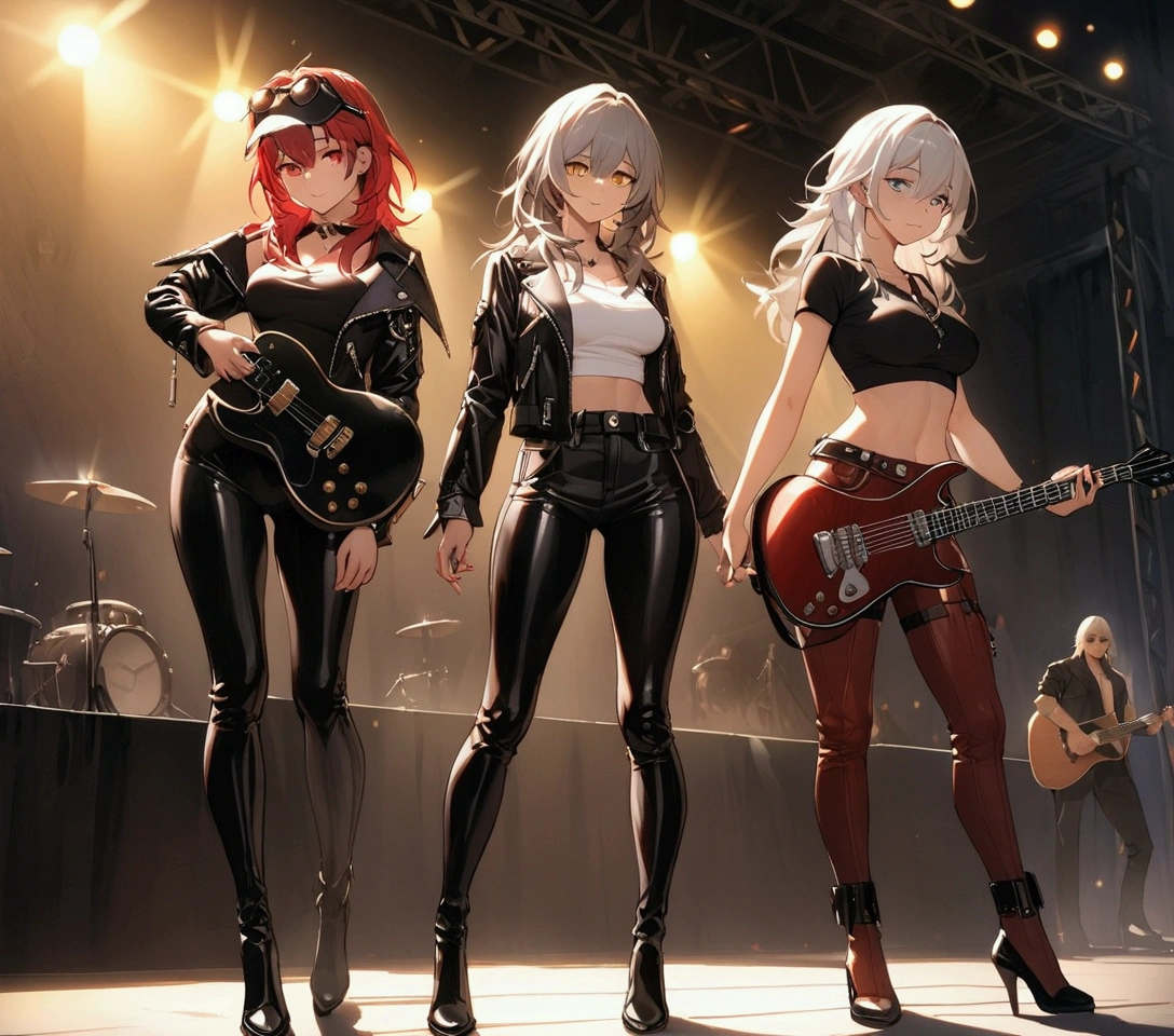 (Masterpiece. The best quality. 8K. Sharp focus. Depth of field, The best shadows. Perfect lighting. HDR. Realistic skin texture. Ultra-detailed background. Detailing). Anime style. Honkai: Star Rail. March 7. Stelle. 2 girls. Fiery red hair, short hair. Silver hair, long hair, loose hair, shoulder-length hair. Azure blue eyes, beautiful eyes, beautiful eyes, expressive eyes. Amber eyes, beautiful eyes, beautiful eyes, expressive eyes. Beautiful nose, perfect facial features. Perfect anatomical body, slender figure, second size breasts, beautiful breasts, thin waist, rounded hips, beautiful long legs. Top, leather jacket, sunglasses on her head, leather pants, leather boots with heels, studded bracelets on her wrists. They hold electric guitars in their hands, play electric guitars, spit. Club, stage, concert.  Concept art. Standing at full height. Looking at the viewer. Full height. Full body.