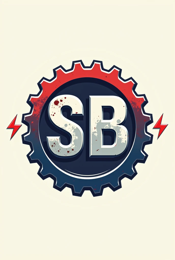 "SB" brand logo, theme industrial machinery, light background, add gear and electric symbol, color Red and blue,