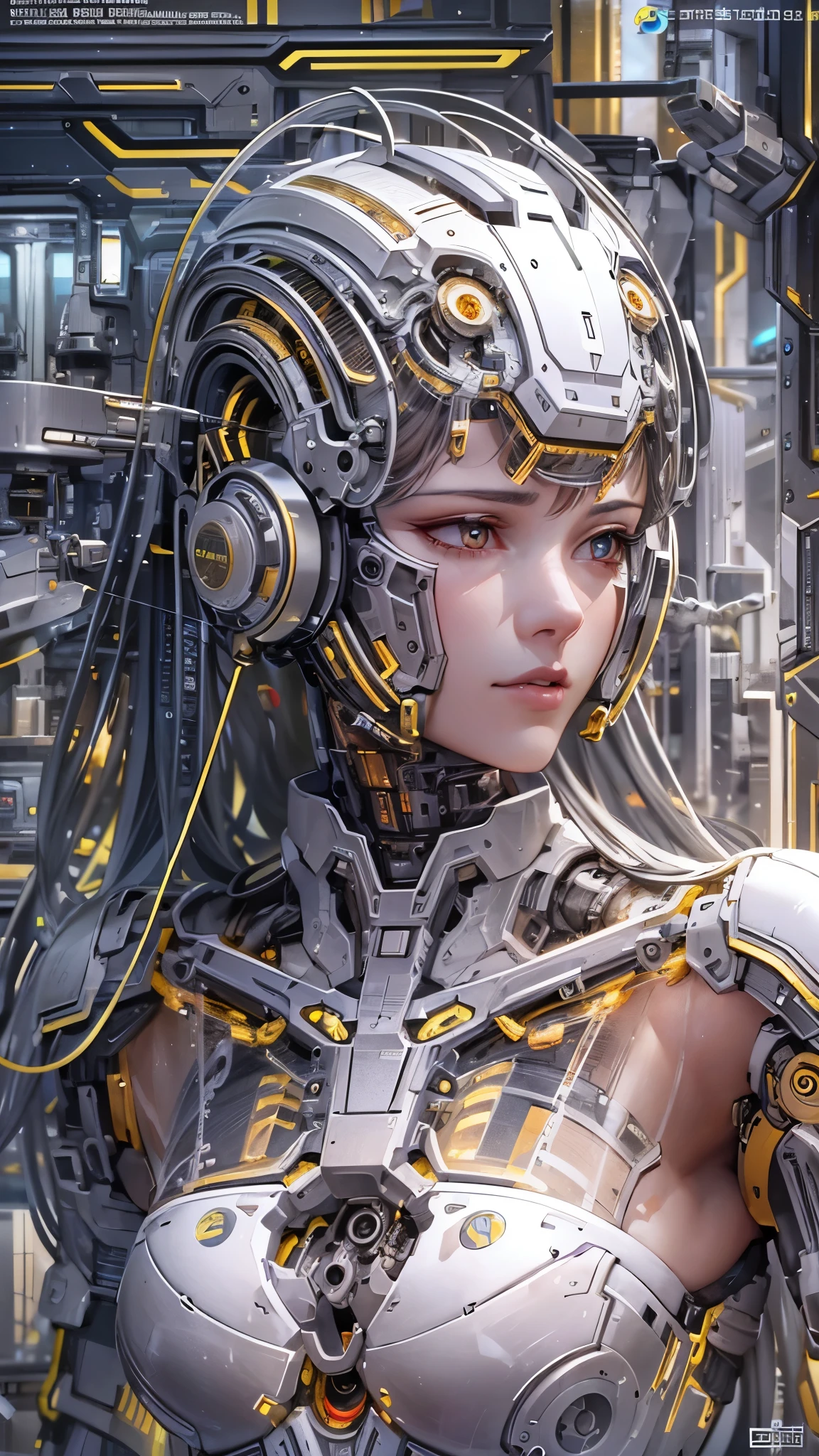 ((Highest quality)),(Ultra-high resolution),(Super detailed),(Detailed Description),((The best CG)),(masterpiece),Highly detailed art,(Sci-fi art with intricate detail:1.5), (Female Android:1.7),(Beautiful face 1.3),(Machine eyes staring into the distance:1.3),(Precision circuitry that emits light is built into the clear parts:1.6),(Polished and well-balanced mechanical body:1.4),(A powerful, shining core:1.6),