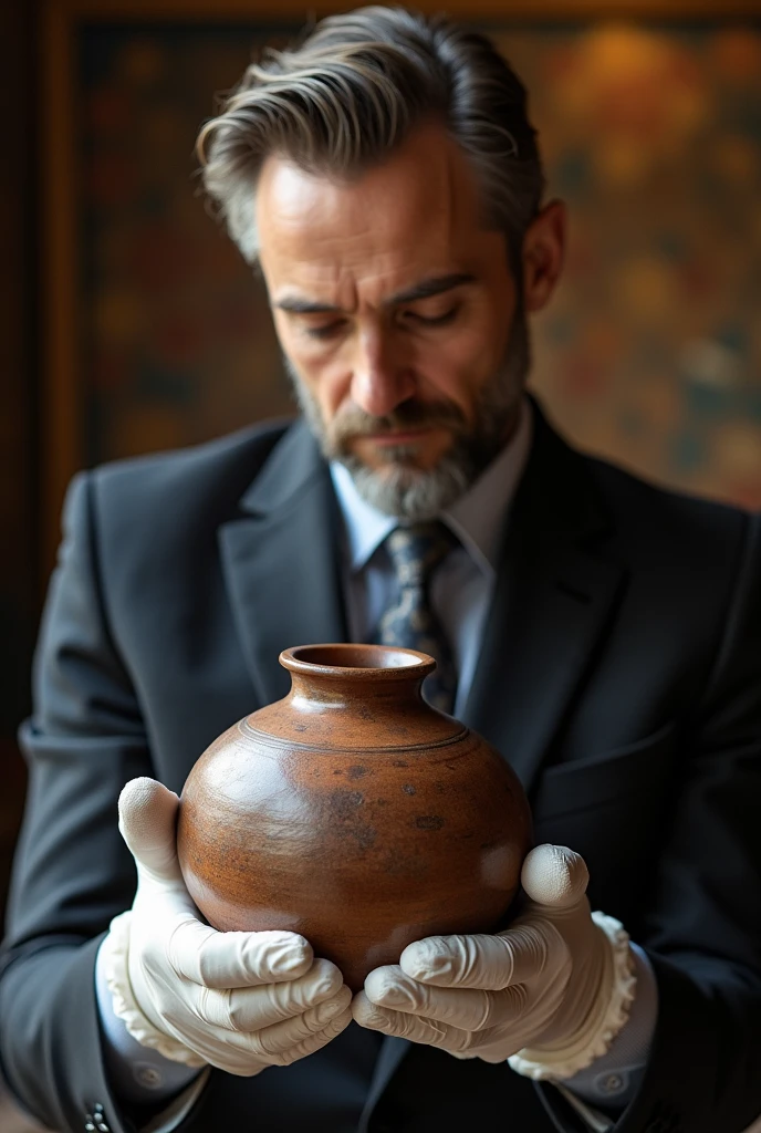 Male museum curator wearing white gloves Wearing a suit I treasure this craft pot.
