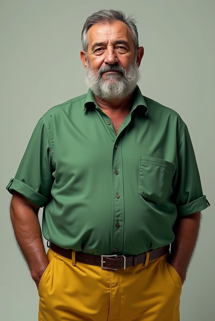 70 years old Turkish man with moustache, wearing a green shirt, yellow trousers, overweight, short hair