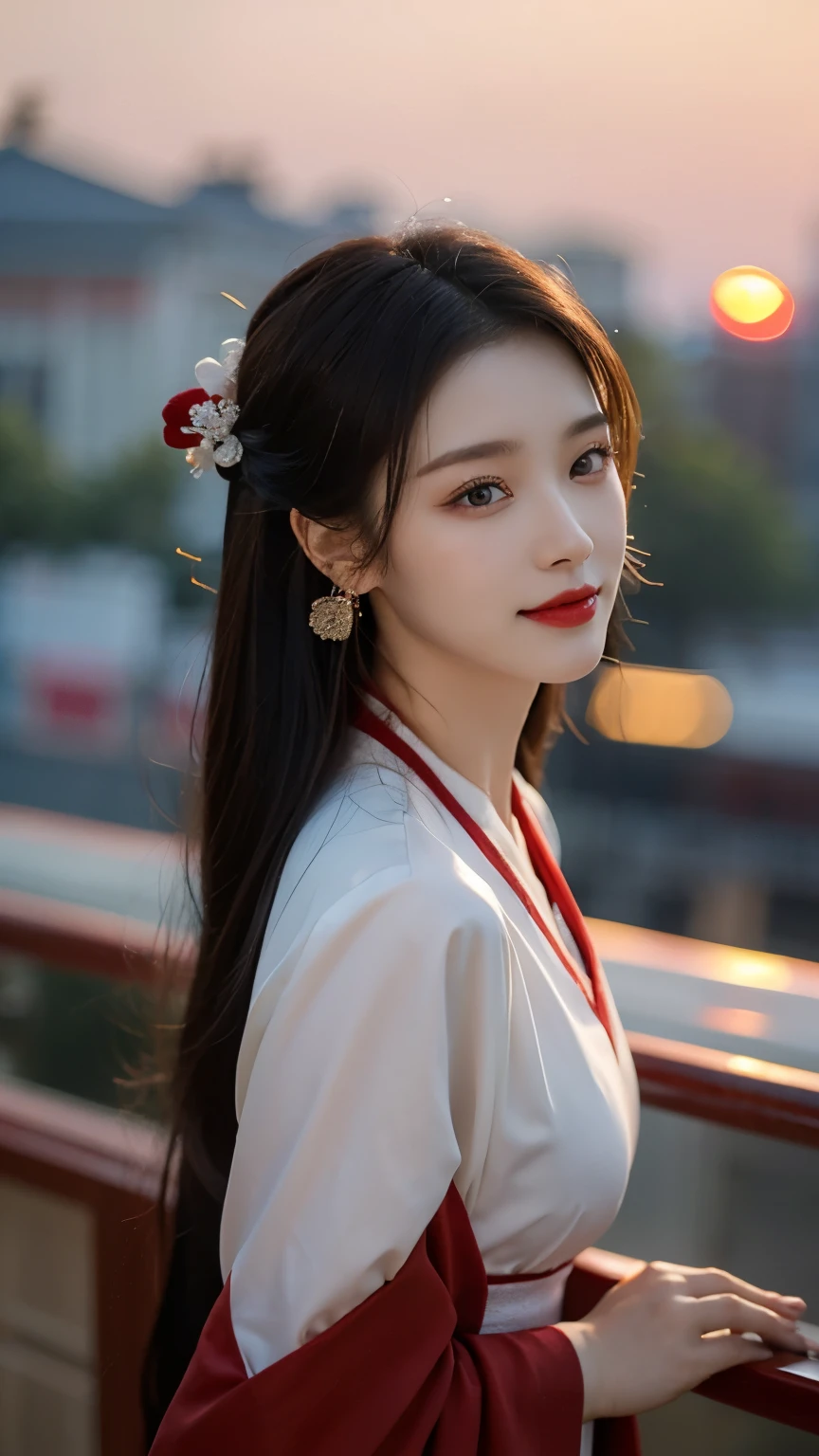 Best quality， Ultra-high resolution， Face Focus（truly：1.6），1 Girl, Beautiful Girl，，Chinese Girl, Elegant girl，Classical girl，Black hair,Hairstyle，（Medium breasts:1.4), Hanfu，魏晋Hanfu:1.1, Red clothes，Loose，panoramic，whole body，Rooftop（Depth of Field：16）,Hair forks，Hairpin，earrings，Rooftop,Red sunset,Ultra-thin face，Exquisite eyes，Double eyelids，Smile，whole body，Standing，Long legs，Elegant Movement，For the audience