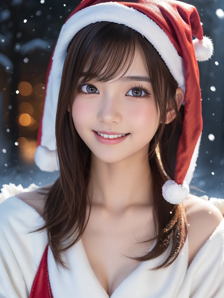 beautiful detailed eyes,droppy eyes,beautiful detailed lips, extremely detailed eyes and face, long eyelashes, 1japanese girl, fantasy character, (Santa Claus costume,smile,short hair:1.25),highly detailed, dramatic lighting, glowing effects, mist, intricate details, volumetric lighting, cinematic composition, hyper realistic, 8k, best quality, masterpiece, photorealistic,Highres fix,snowy night town