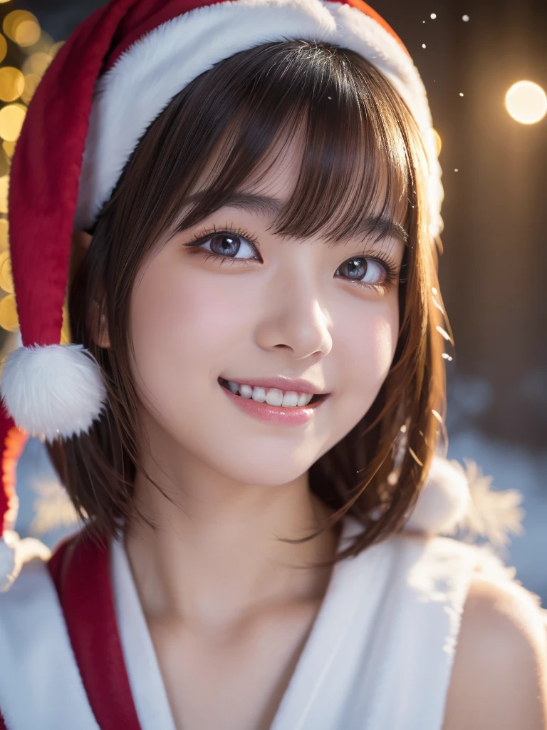 beautiful detailed eyes,droppy eyes,beautiful detailed lips, extremely detailed eyes and face, long eyelashes, 1japanese girl, fantasy character, (Santa Claus costume,smile,short hair:1.25),highly detailed, dramatic lighting, glowing effects, mist, intricate details, volumetric lighting, cinematic composition, hyper realistic, 8k, best quality, masterpiece, photorealistic,Highres fix,snowy night town