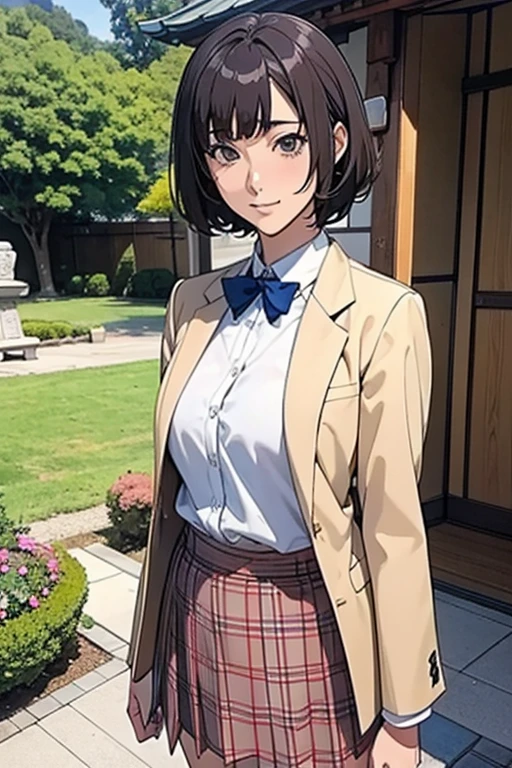 Beautiful woman、Japanese、High school girls、short hair、Camel's Blazer、Checked Skirt、garden、((Anime Style))