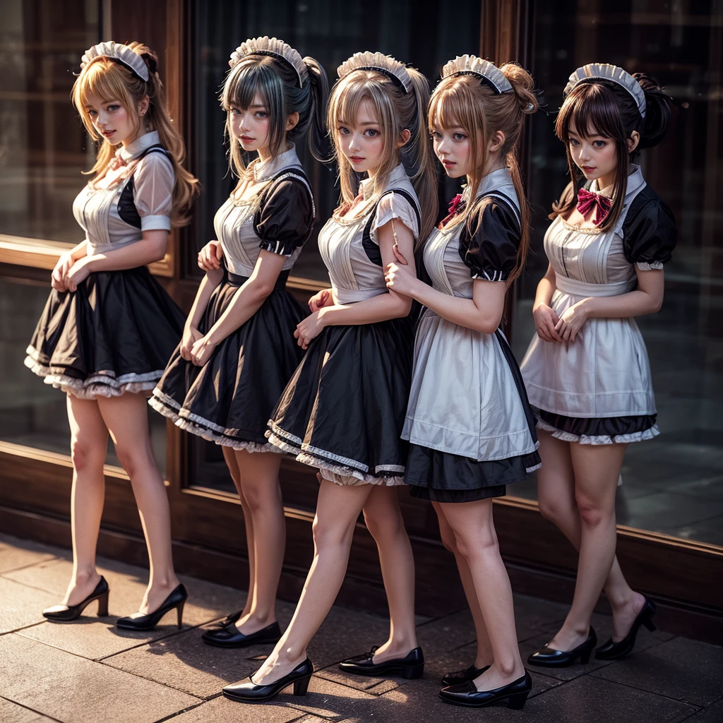 (Extremely Detailed((Kawaii Maid Group in a row:1.37))), Childish perfect face, Reflective Eyes, Detailed(Delicate Clothing textures), Dynamic Joyful Expressions LifeLike Rendering, (Specular Reflection:1.2), TopQuality 8K Ultra-detailed masterpiece (ProfessionalPhoto:1.37), (Acutance:0.8), (Luminism:1.28), (Renaissance art style), (Colorful Light particles:0.75), (Muscle:-0.5), ((Full body from side)), {(SkirtLift)|glossy floor|Kissing}, Radiant Fine Skin with Transparency, (Exposed:0.5), (Different Types of Anime Hair Color:1.6),