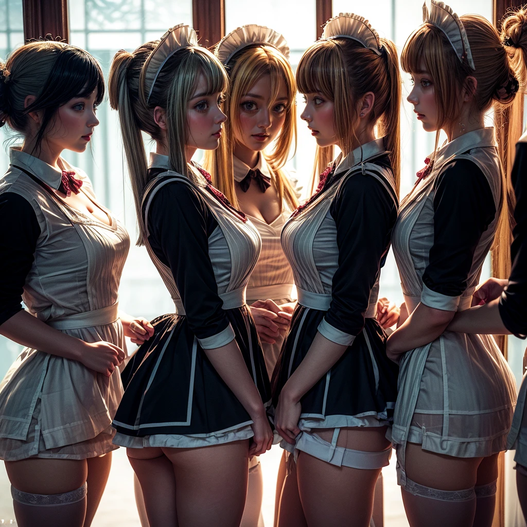 (Extremely Detailed((Kawaii Maid Group in a row:1.37))), Childish perfect face, Reflective Eyes, Detailed(Delicate Clothing textures), Dynamic Joyful Expressions LifeLike Rendering, (Specular Reflection:1.2), TopQuality 8K Ultra-detailed masterpiece (ProfessionalPhoto:1.37), (Acutance:0.8), (Luminism:1.28), (Renaissance art style), (Colorful Light particles:0.75), (Muscle:-0.5), ((Full body from side)), {(SkirtLift)|glossy floor|Kissing}, Radiant Fine Skin with Transparency, (Exposed:0.5), (Different Types of Anime Hair Color:1.6), 