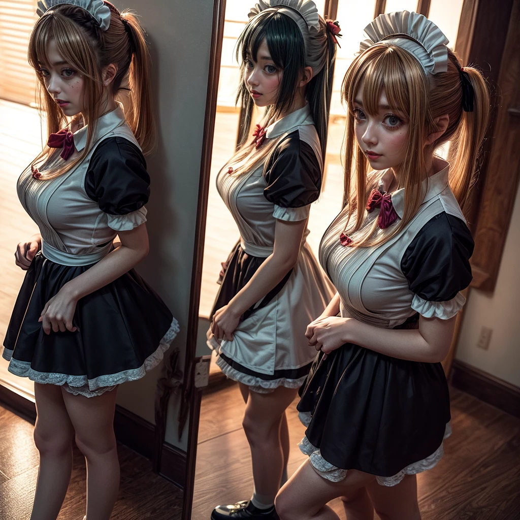 (Fisheye Lens Full Body wide Shot), (Extremely Detailed((Kawaii Maid Group in a row:1.37))), Childish perfect face, Reflective Eyes, Detailed(Delicate Clothing textures), Dynamic Joyful Expressions LifeLike Rendering, (Specular Reflection:1.2), TopQuality 8K Ultra-detailed masterpiece (ProfessionalPhoto:1.37), (Acutance:0.8), (Luminism:1.28), (Renaissance art style), (Colorful Light particles:0.75), ((Full body from side)), {mini(SkirtLift)|Kissing|Hugging|Undressing}, Radiant Fine Skin with Transparency, (Exposed:0.5), (Different Types of Anime Hair Color Variations:1.6), Perfect Lighting 