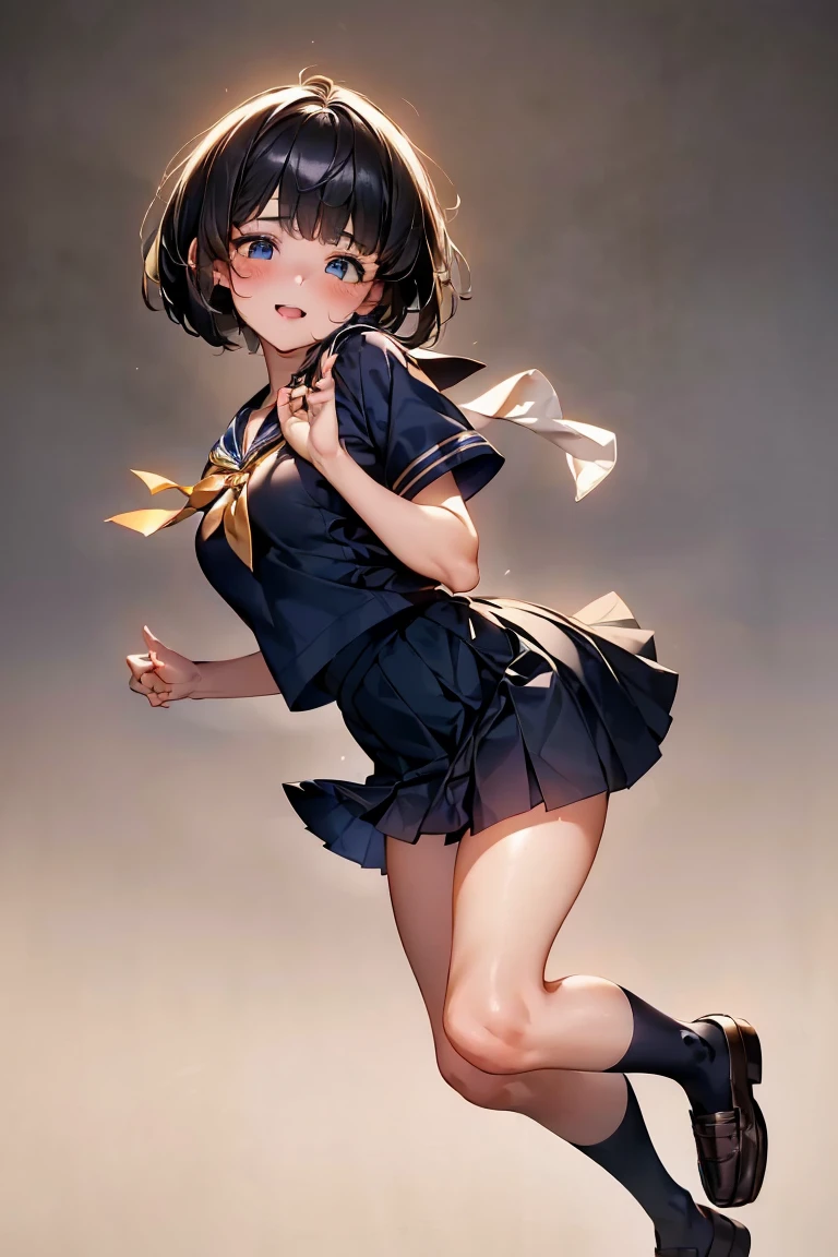 Browsing Caution,​(Highest quality, 8k, masterpiece:1.3,beautiful girl), (Very detailed)Glowing Skin,((Short sleeve, cute navy sailor suit, Navy Pleated Skirt, Navy sailor collar, Blue Sailor Scarf, socks, Brown Loafers)), ,(Perfect Anatomy, Anatomically correct, Very detailed肌),((Golden Eyes)),((Perfect Fingers,Five Fingers)),((Black Hair,Bobcut,)),Natural Makeup,Smile in full bloom、School、Schoolyard、Run、Rear view、My cheeks are a little red