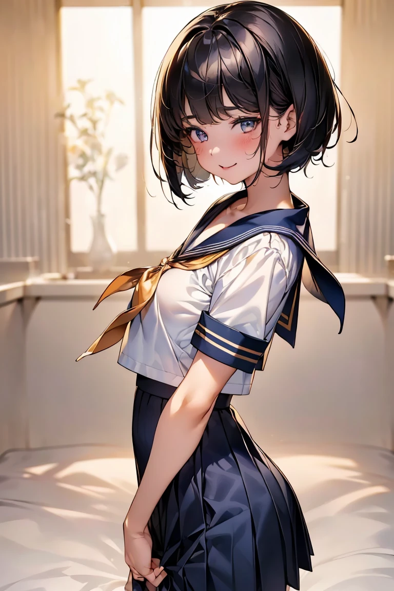 Browsing Caution,(Highest quality, 8k, masterpiece:1.3,beautiful girl), (Very detailed)Glowing Skin,((Short sleeve, cute navy sailor suit, Navy Pleated Skirt, Navy sailor collar, Blue Sailor Scarf, socks, Brown Loafers)), ,(Perfect Anatomy, Anatomically correct, Very detailed肌),((Golden Eyes)),((Perfect Fingers,Five Fingers)),((Black Hair,Bobcut,)),Natural Makeup,Smile in full bloom、School、Schoolyard、Run、Rear view、My cheeks are a little red