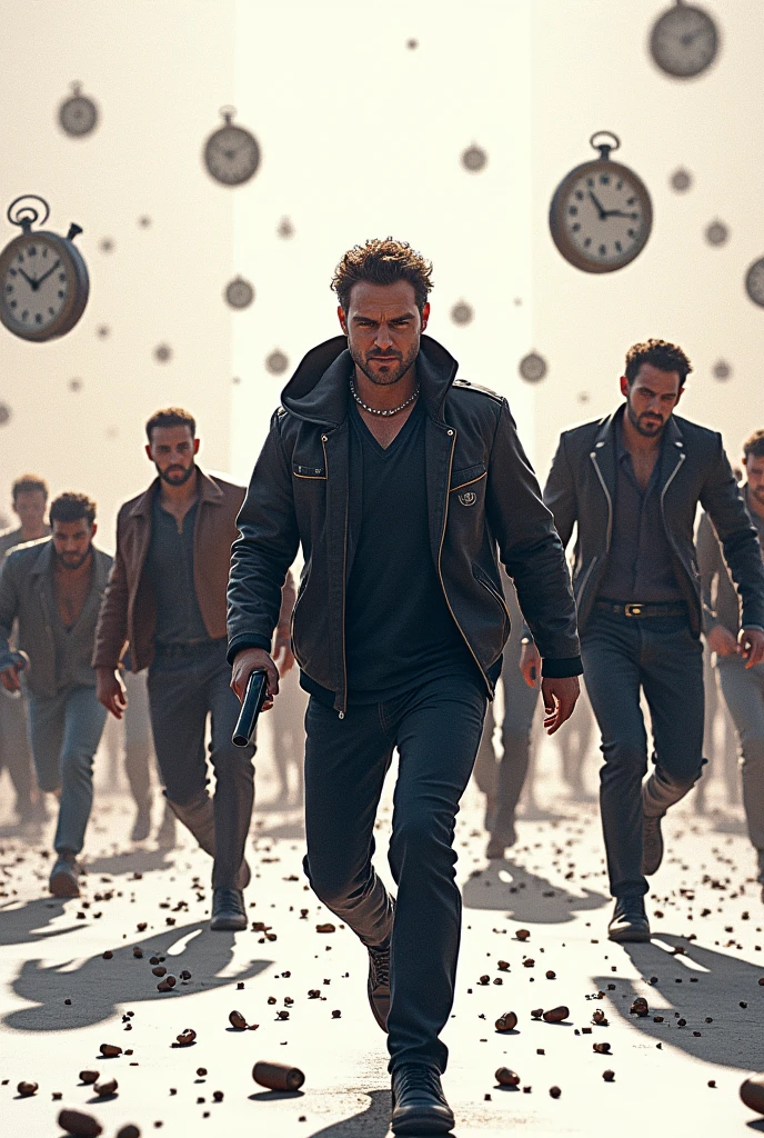 There is a sci-fi, action, hands of clock title "FELLOWERS". White background, many people chasing each others, glitches and clocks on the roads. A 3d, Aesthetic, Sci-Fi poster. There is guns, bullets, kinifes, swords, hours and seconds in the background.