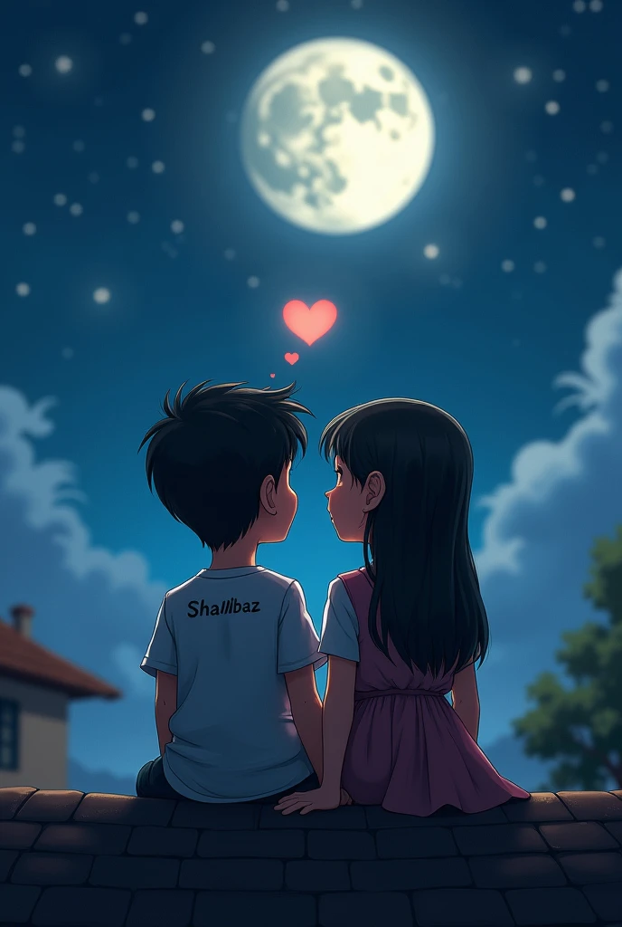 A boy with his name Shahbaz written on his back and a girl with her name Nazia written on her back, talking about love in the moonlight at night on the roof of the house Both their faces should be towards the moon and on their backs, Naziya should be written on the girl's back and Shahbaz should be written on the boy's back and have a heart above their head