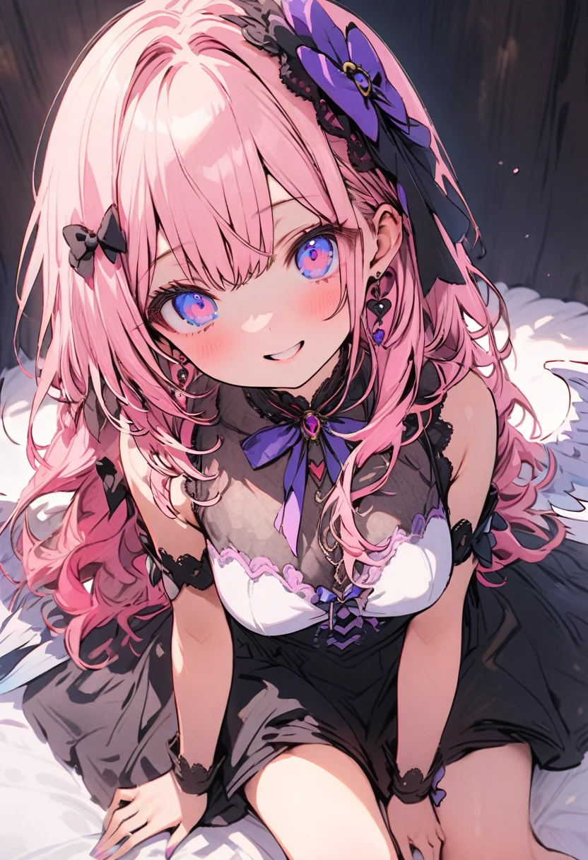 masterpiece, best quality, hyper detailed, beautiful, 16K, absurdres, "An illustration of a cute girl with long, wavy pink hair and colorful eyes. She is seated in a playful pose, wearing a delicate lace outfit with bows. The character has a curvy silhouette, with a full chest, a slim waist, and shapely legs, exuding a charming and gentle expression."