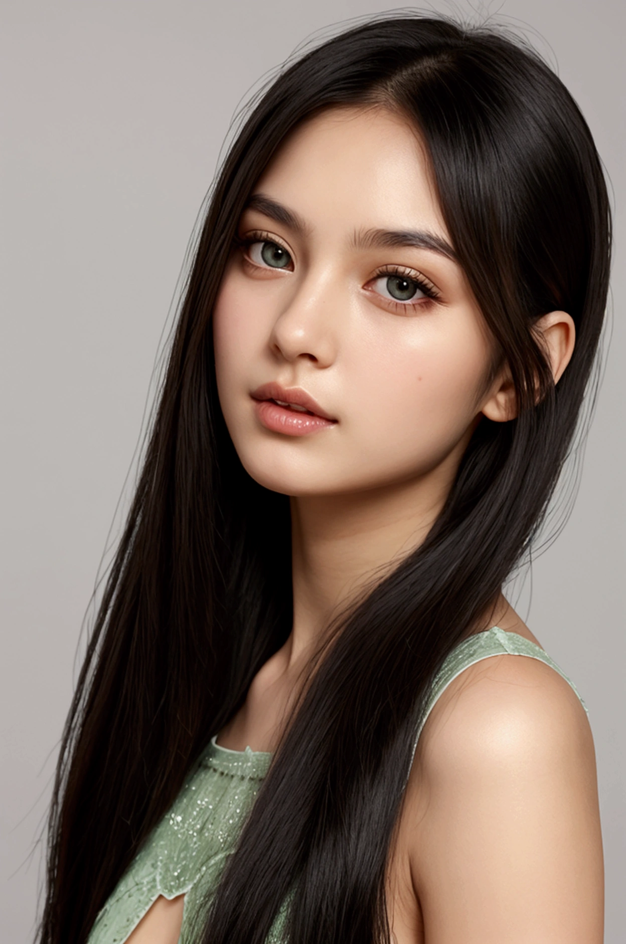 long straight black hair, eyes greens, Round face, girl wearing, without bangs, 
hot body 