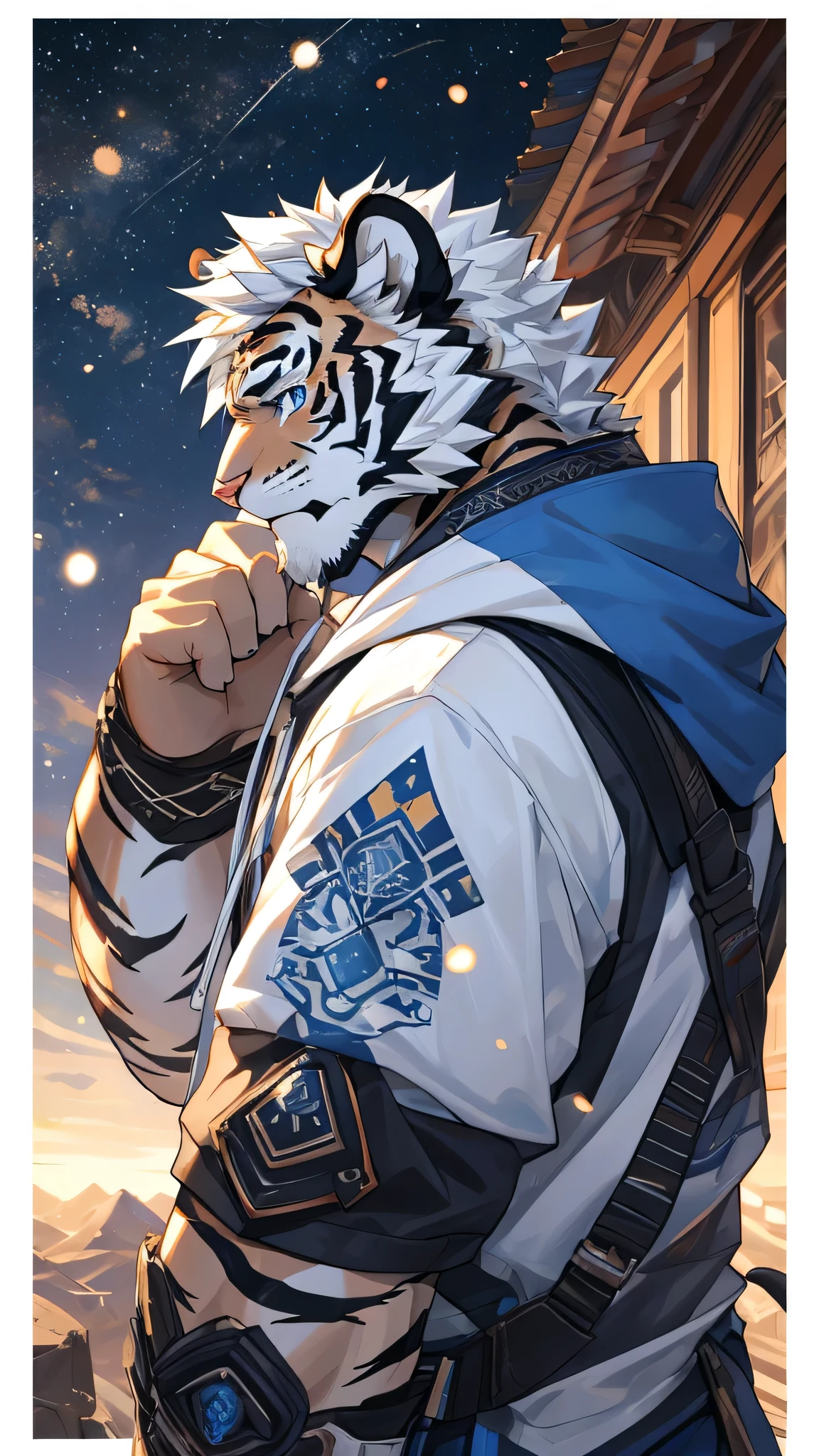 8K resolution, hairy, White Tiger, Perfect anatomical structure, Anthropomorphic tiger, White hair, Blue Eyes, Grey pick dye, Light Particles, masterpiece, best quality, The Peak, Biye, White hair, short hair, White sweatshirt