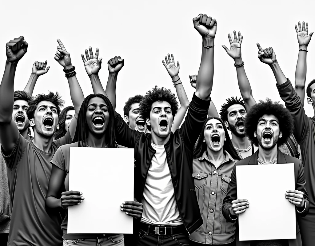 A striking, hyper-realistic pop art illustration in monochrome, features a vocal diverse group of LGBTQ+ individuals from various ethnic backgrounds passionately protesting for equal human rights and diversity. The bold, angular shapes and strong, expressive lines of the characters embody love and unity, while the blank banners represent the need for individual expression and creativity. The artwork is adorned with graffiti and conceptual elements, adding depth and texture, and creating an evocative reminder of the ongoing struggle for freedom, equality, and self-expression. This powerful and thought-provoking poster serves as a visual testament to the resilience and determination of those advocating for change., illustration, graffiti, poster, conceptual art
