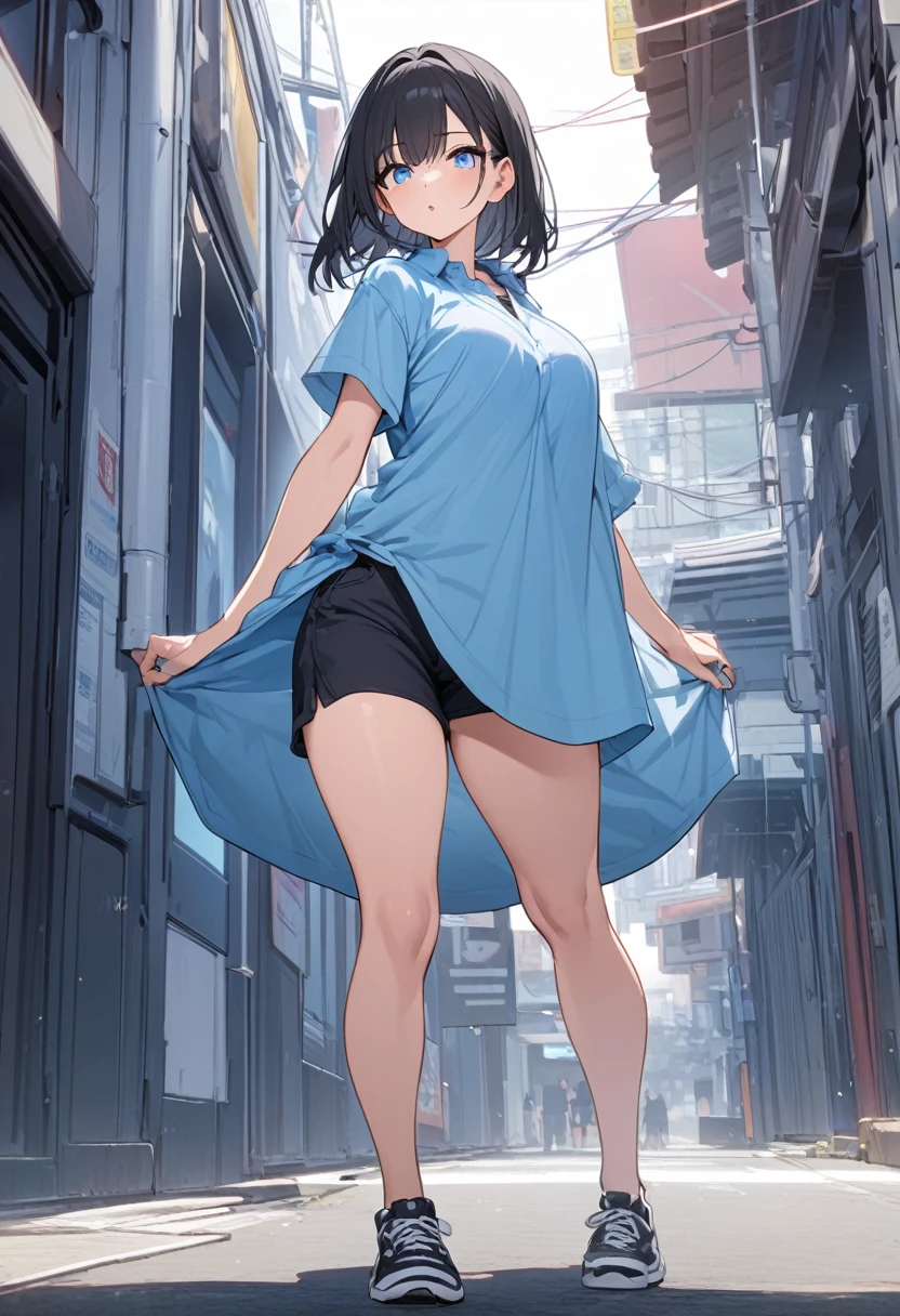 Black-haired, blue-eyed, large-breasted woman wearing a large shirt and shorts.