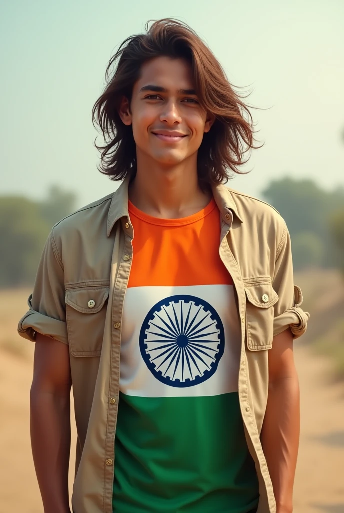 A boy with long hair and breed ,Indian flag and open shirt ,insid t shirt,age "25" happy independence day