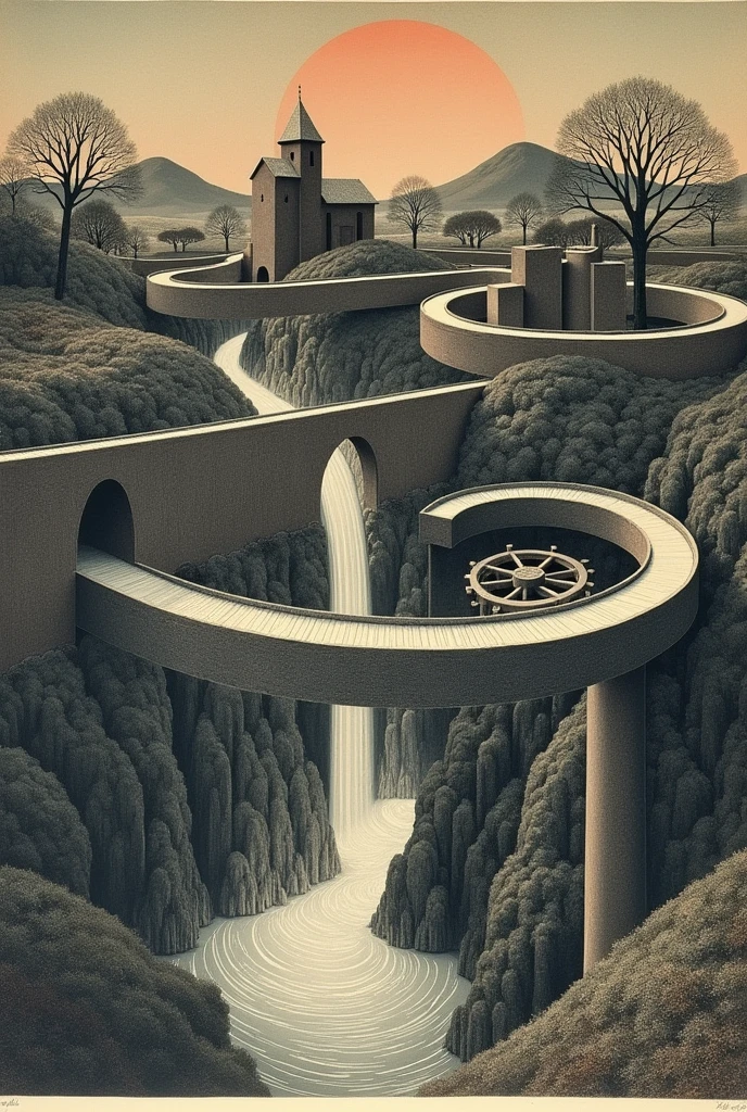 Waterfall is a lithograph by the Dutch artist Escher. It shows a perpetual motion machine where water from the base of a waterfall appears to run downhill along the water path before reaching the top of the waterfall.The image depicts a watermill with an elevated aqueduct and waterwheel as the main feature. The aqueduct begins at the waterwheel and flows behind it. The walls of the aqueduct step downward, suggesting that it slopes downhill. The aqueduct turns sharply three times, first to the left, then to the right, and finally to the left again. The viewer looks down at the scene diagonally, which means that from the viewer's perspective the aqueduct appears to be slanted upward. The viewer is also looking across the scene diagonally from the lower right, which means that from the viewer's perspective the two left-hand turns are directly in line with each other, while the waterwheel, the forward turn and the end of the aqueduct are all in line. The second left-hand turn is supported by pillars from the first, while the other two corners are supported by a tower of pillars that begins at the waterwheel. The water falls off the edge of the aqueduct and over the waterwheel in an impossible infinite cycle.