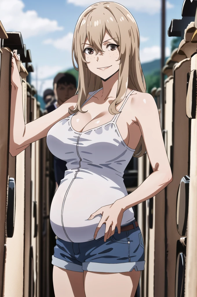 score_9, score_8_up, score_7_up, source_anime, best quality, clear face, 1girl, Clair Aoki, masterpiece, best quality, highres, aoki1, brown eyes, freckles, large breasts, bikini, shorts, cleavage, smile, looking at viewer, sky, standing, pregnant belly, huge belly, belly