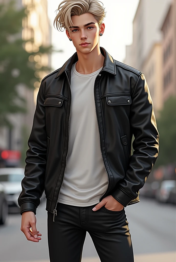 More normal looking boy, This one is wearing black jeans, white shirt and black leather jacket so I don&#39;t see any tattoos, Her hair is dark blonde and compared to the previous two, He uses it more normally but always adapting to fashion, His eyes are dark in color, His muscular body which I noticed despite the clothes and tall stature
