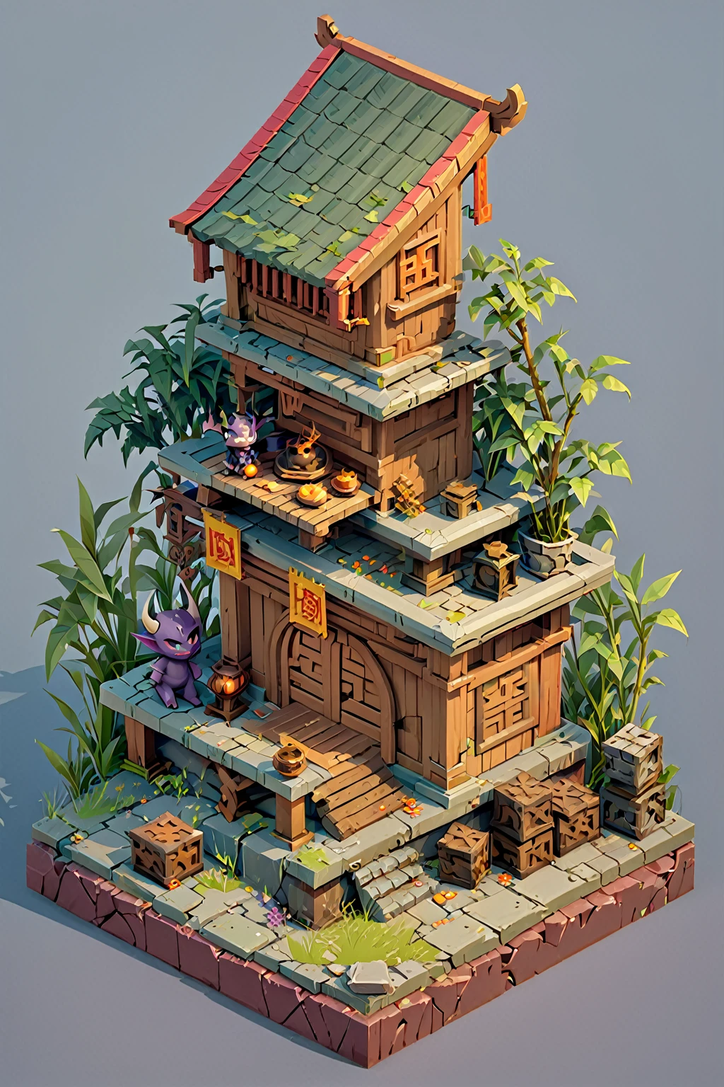 Isometric Chinese Wind Q Edition close-up of a demon and a demon figurine, Circular altar, Isometric Game assets, Game Assets Mystery, Game Render, War-torn environments, polycount Contest winners, Ancient weeds! Ruins, isometric game art