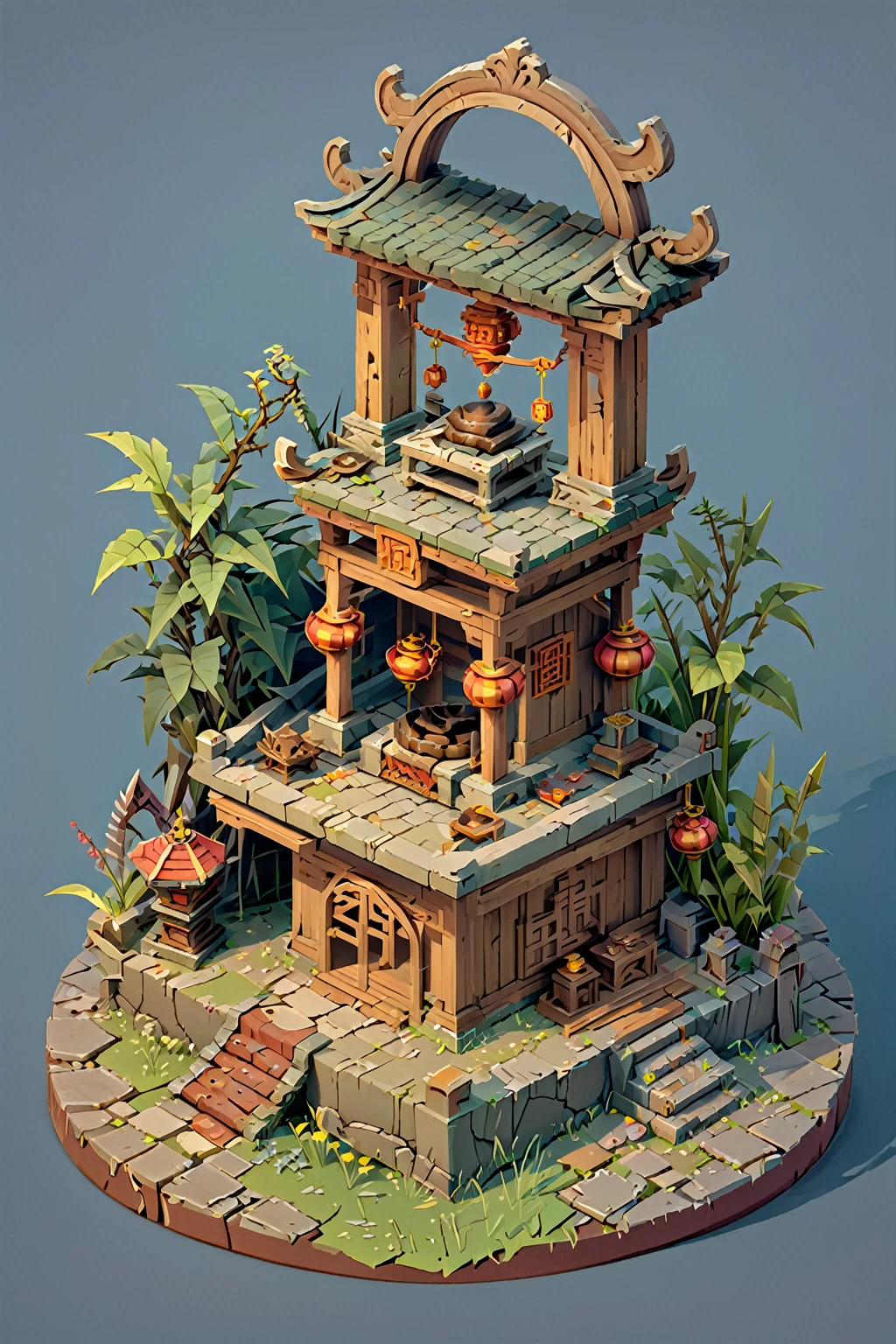 Isometric Chinese Wind Q Edition close-up of a demon and a demon figurine, Circular altar, Isometric Game assets, Game Assets Mystery, Game Render, War-torn environments, polycount Contest winners, Ancient weeds! Ruins, isometric game art