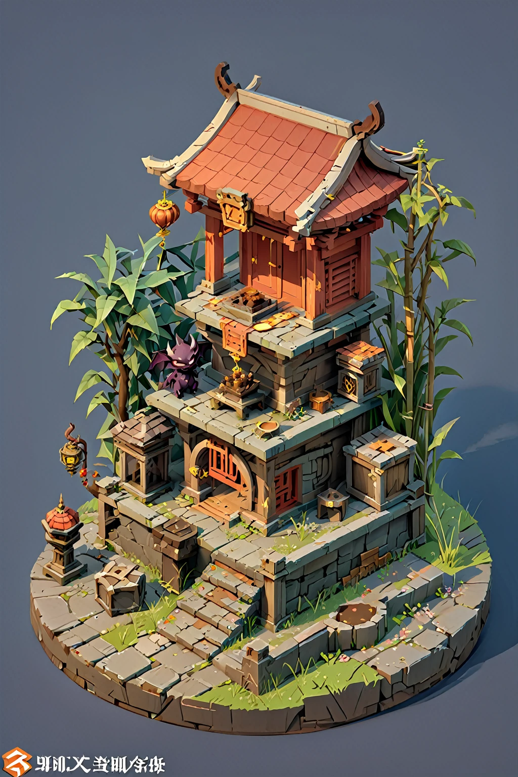 Isometric Chinese Wind Q Edition close-up of a demon and a demon figurine, Circular altar, Isometric Game assets, Game Assets Mystery, Game Render, War-torn environments, polycount Contest winners, Ancient weeds! Ruins, isometric game art