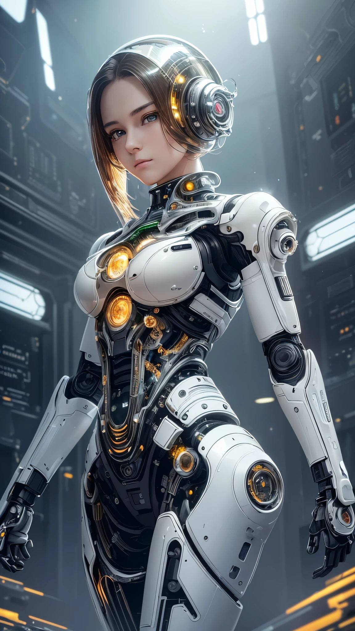 ((Highest quality)),(Ultra-high resolution),(Super detailed),(Detailed Description),((The best CG)),(masterpiece),Highly detailed art,(Sci-fi art with intricate detail:1.5), (Female Android:1.7),(Beautiful face 1.3),(Machine eyes staring into the distance:1.3),(Precision circuitry that emits light is built into the clear parts:1.6),(Polished and well-balanced mechanical body:1.4),(A powerful, shining core:1.6),