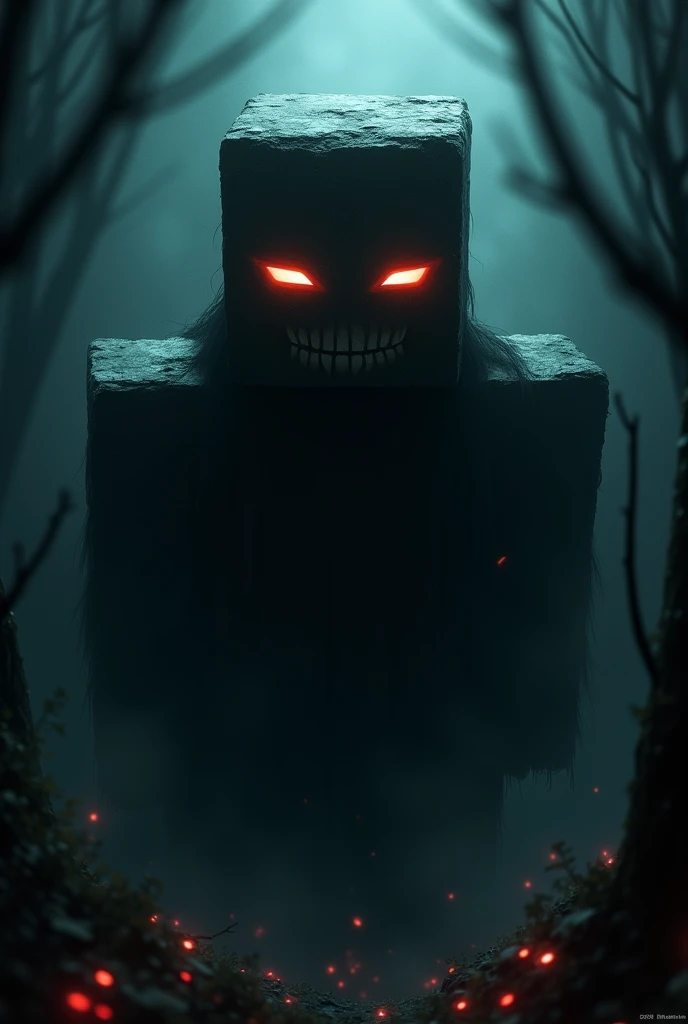 Herobrine from Minecraft. He is in the dark and his eyes are glowing and his face should be in the middle of the picture