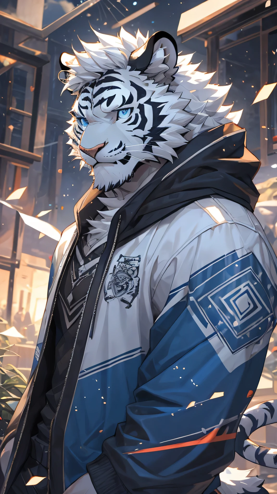 8K resolution, hairy, White Tiger, Perfect anatomical structure, Anthropomorphic tiger, White hair, Blue Eyes, Grey pick dye, Light Particles, masterpiece, best quality, The Peak, Biye, White hair, short hair, White sweatshirt