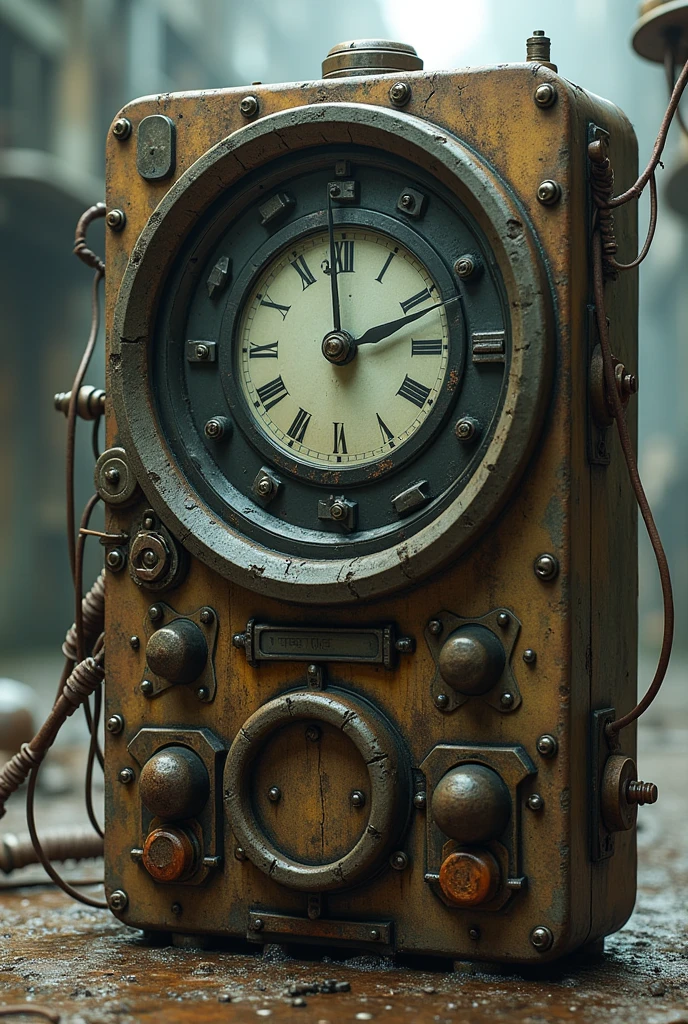 Broken time machine with wires coming out, with lever and button