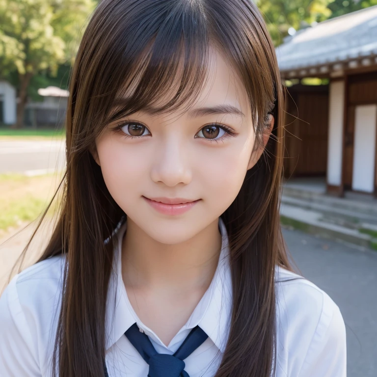 Highest quality, Face Focus, Soft Light, Ultra-high resolution, (Realistic:1.4), RAW Photos, One of the Japan, alone, cute, (pupil, light in your eyes), Beautiful face in every detail, (Small Box),(High resolution detail of human skin texture), (Long Hair), Outdoor, High School Uniform, (Portraiture),smile,Square size image
