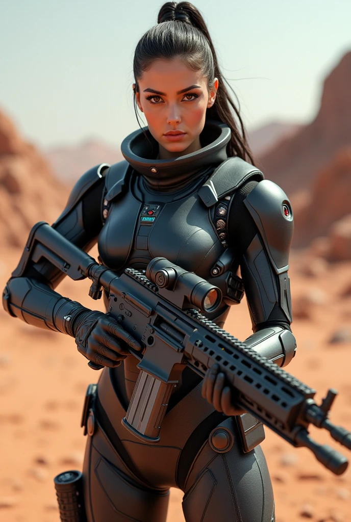 female soldier in desert with rifle and rifle in hand, clothed in sci-fi military armor, sci-fi female, space soldier on mars with a gun, sci fi female character, loba andrade from apex legends, as overwatch character, scifi woman, film still from dune 2020, dressed in tactical armor, wearing sci-fi armor