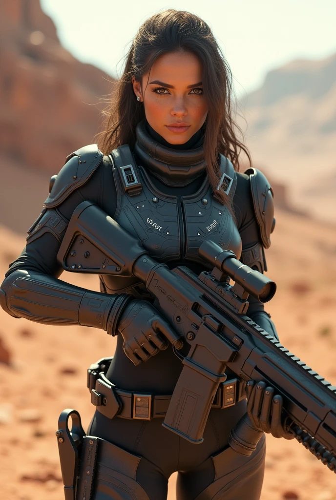 female soldier in desert with rifle and rifle in hand, clothed in sci-fi military armor, sci-fi female, space soldier on mars with a gun, sci fi female character, loba andrade from apex legends, as overwatch character, scifi woman, film still from dune 2020, dressed in tactical armor, wearing sci-fi armor