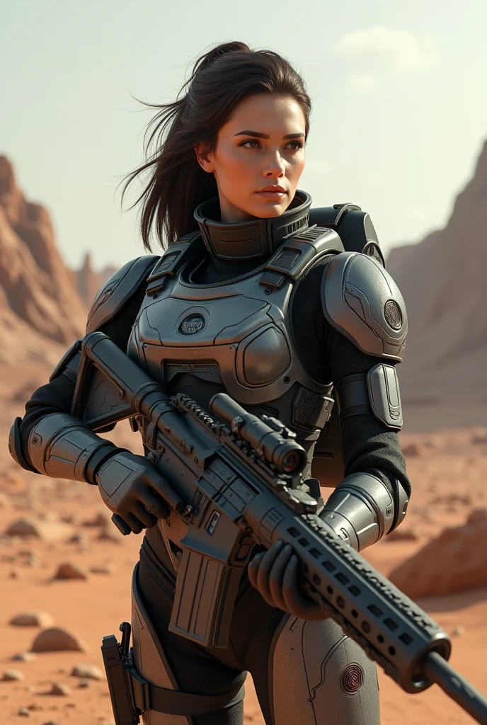 female soldier in desert with rifle and rifle in hand, clothed in sci-fi military armor, sci-fi female, space soldier on mars with a gun, sci fi female character, loba andrade from apex legends, as overwatch character, scifi woman, film still from dune 2020, dressed in tactical armor, wearing sci-fi armor
