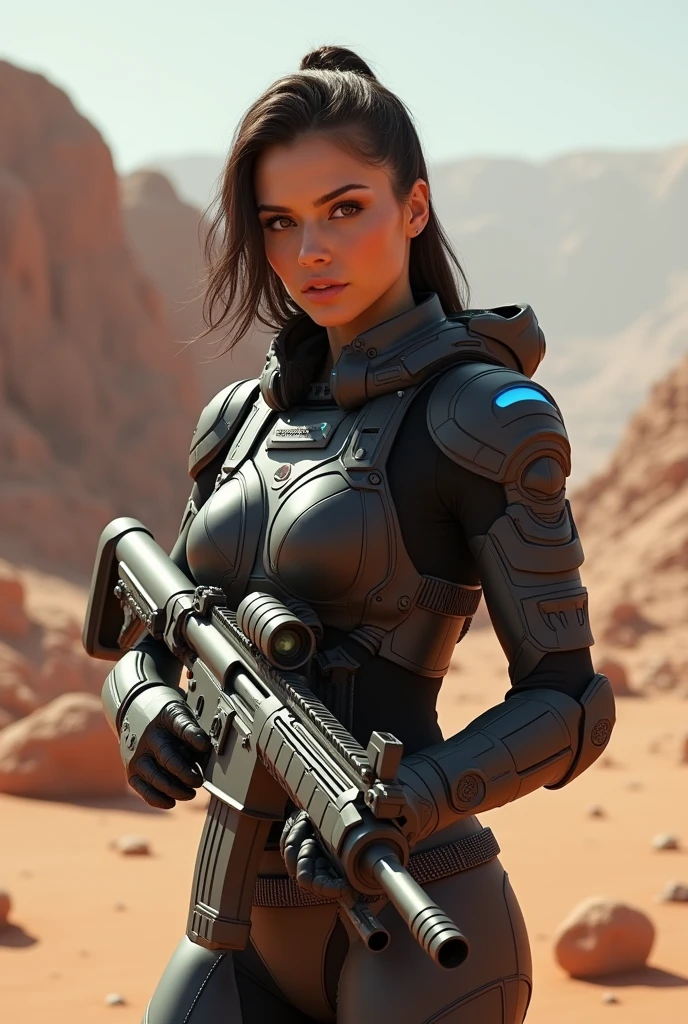 female soldier in desert with rifle and rifle in hand, clothed in sci-fi military armor, sci-fi female, space soldier on mars with a gun, sci fi female character, loba andrade from apex legends, as overwatch character, scifi woman, film still from dune 2020, dressed in tactical armor, wearing sci-fi armor