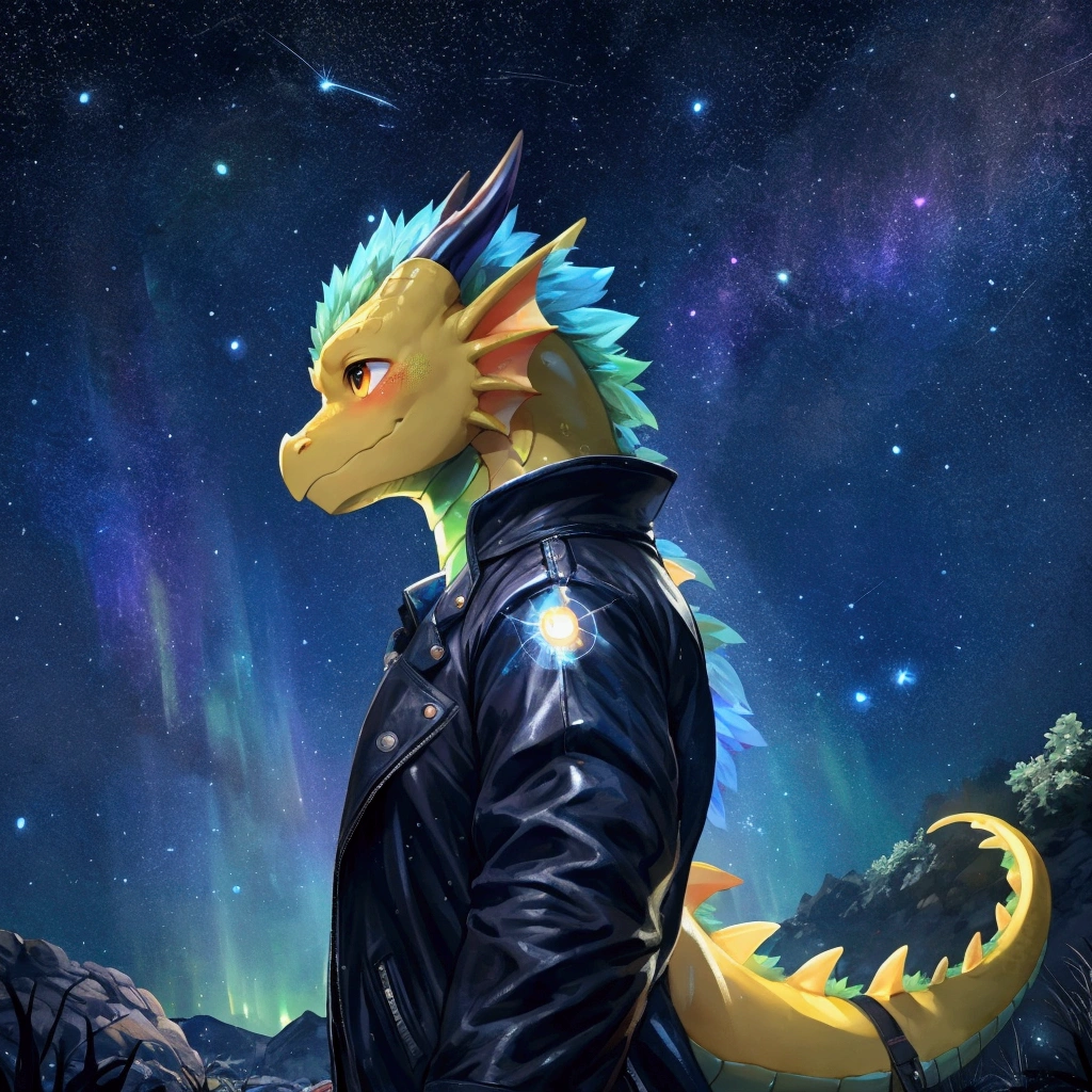 solo, male, mature male, (male anthro dragon:1.3), (yellow body:1.1), (standing:1.3), (kemono:1.2), (starry sky:1.23), insanely cool black leather Harley Davidson biker jacket open, t-shirt, (clothed), (looking up:1.4), (raised head), (side view), galaxy, aurora, (rainbow:1.3), detailed eyes, portrait, dragon tail, horn, (detailed eyes), (outside:1.35), grass, hill, shooting star, (dark:1.4), (particles ,firefly, blue glowing:1.3), detailed background, 8k hd, (dark shadows, wide dynamic range, hdr, low light:1.2), by Pino Daeni, barazoku, [by dagasi, by zixiong], cygames, by null-ghost