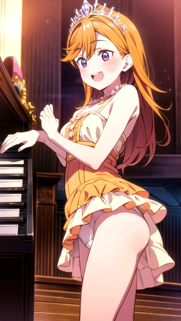 beauty　smile　blush　Embarrassed　Frilly orange dress　Live costumes　tiara　Orange underwear　Female organ　Thick pubic hair　Half naked　Live Performance Venues