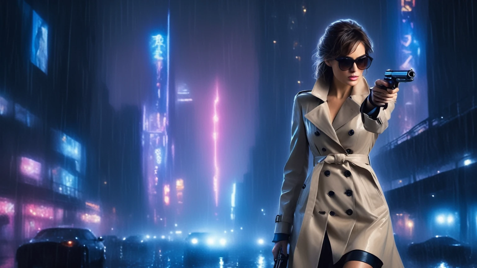 (Hyper-realistic photograph:1.4), Captivating scene under the rain at night on a rooftop, a sexy slim woman, large breast cleavage, with short brown hair, three-quarters view, Black trench coat, (black sunglasses, holding a short gun), with a dark rainy city landscape in background, blue eyes, photography style, (half-body shot:1.3), (contemplative expression:1.2),(well-lit:1.2) Extremely Realistic, serendipity art, (sharp focus:1.3), intricate details, highly detailed, by God himself, original shot, masterpiece, detailed and intricate, Movie Still, guttojugg1