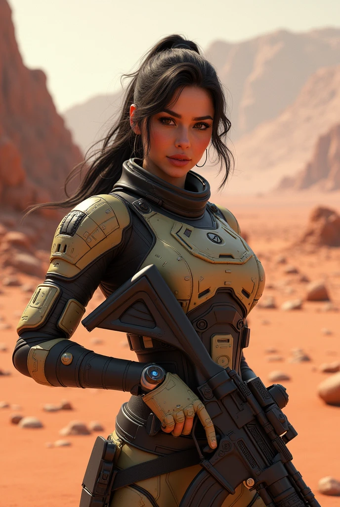 female soldier in desert with rifle and rifle in hand, digital art inspired by Eve Ryder, cgsociety contest winner, digital art, clothed in sci-fi military armor, sci-fi female, space soldier on mars with a gun, sci fi female character, loba andrade from apex legends, as overwatch character, scifi woman